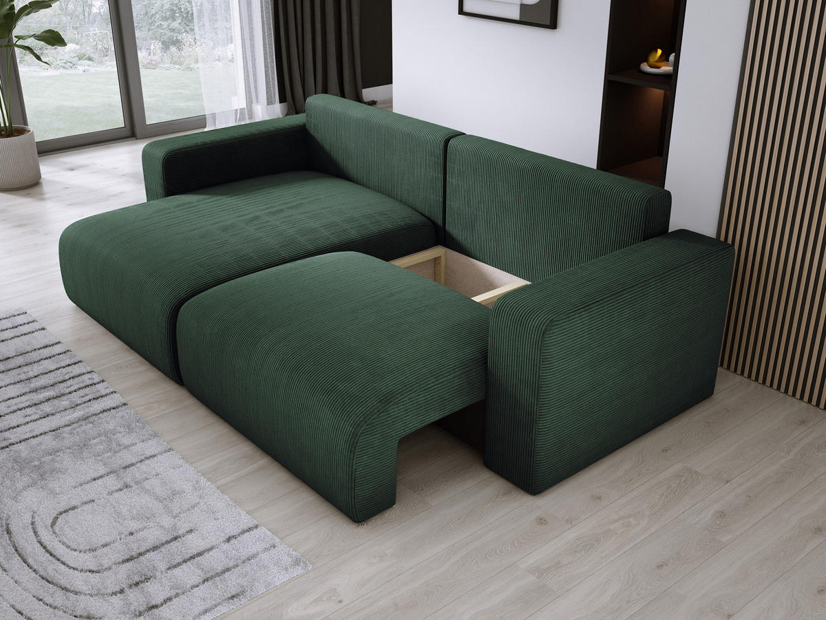 ECKSOFA Carl L-förmig Schlaffunktion und Bettkasten weicher Cordstoff flexibel stellbar lose Rückenkissen freistehend LINKS 143x247x83cm Forest green - Waldgrün, Holz/Textil (143/247cm) - DomoHome