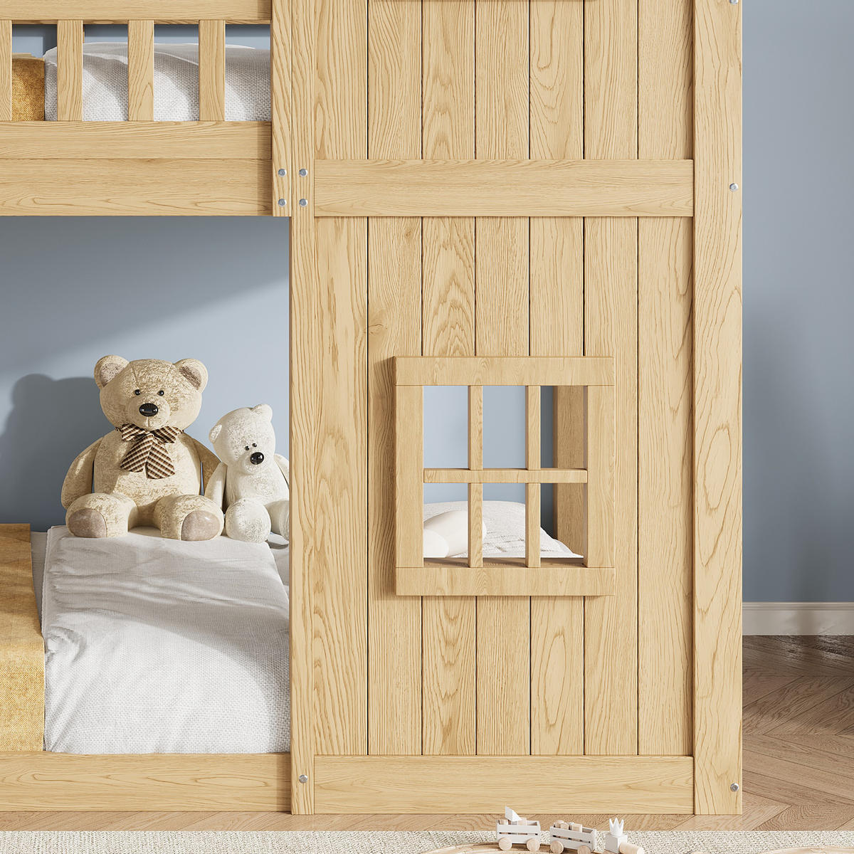 ETAGENBETT 90/200 cm in Natur mit Hausform, Fenstern und Treppe - Naturfarben, Holz/Holzwerkstoff (90/200cm) - WISHDOR