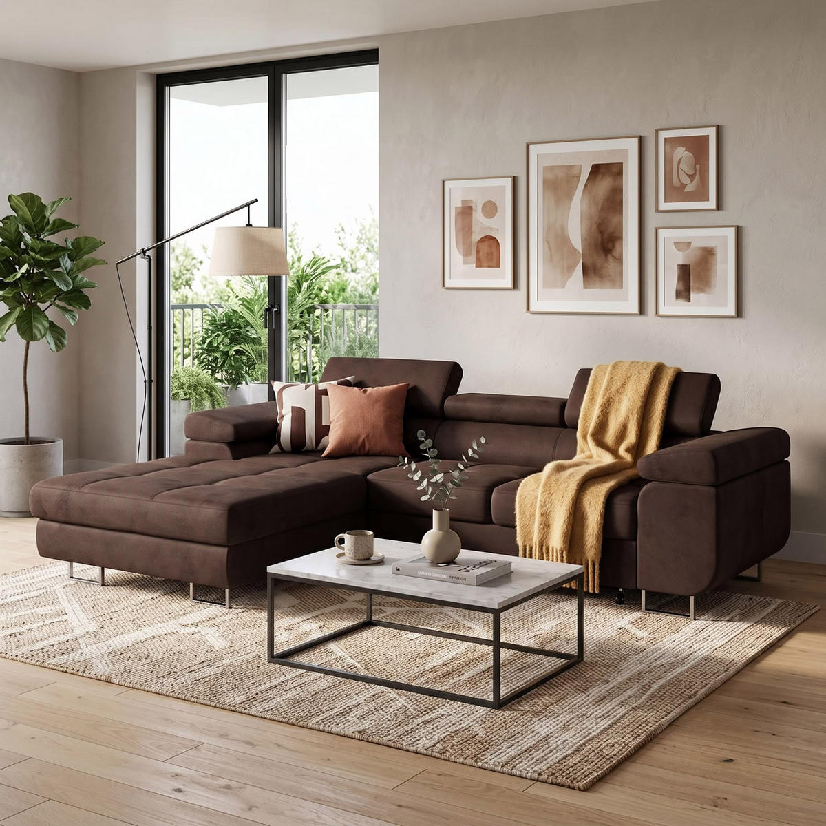 ECKSOFA VEMO CORE Links Dunkelbraun Velours-Stoff mit Schlaffunktion und Bettkasten - Dunkelbraun, Holz/Metall (280/205cm) - Barchello