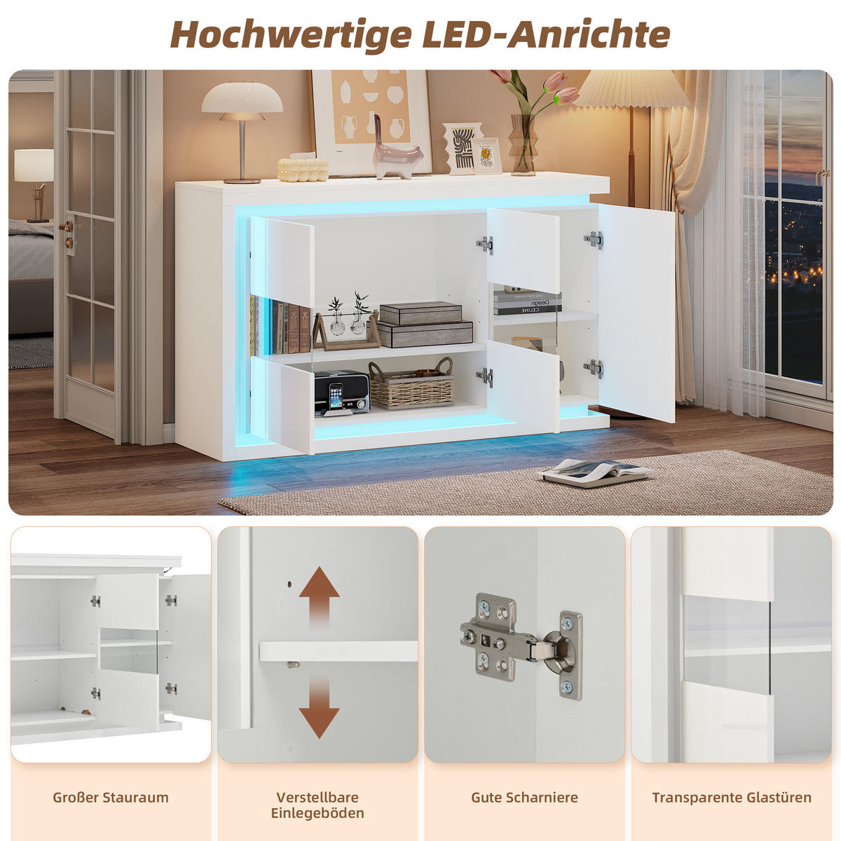 SIDEBOARD LED Hochglanz 4 Fächer Glas 140x40x84cm - Weiß, Holzwerkstoff (40/84/140cm) - FLIEKS