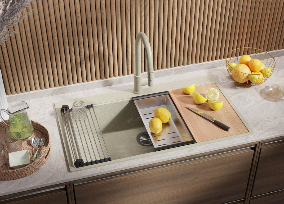 SPÜLBECKEN Oslo, 2-er set Beige 88/50 cm 1 Becken + Ablauf-Set + Schneidebrett ab 90er Unterschrank - Chromfarben/Beige, Kunststoff (88/20/50cm) - Primagran