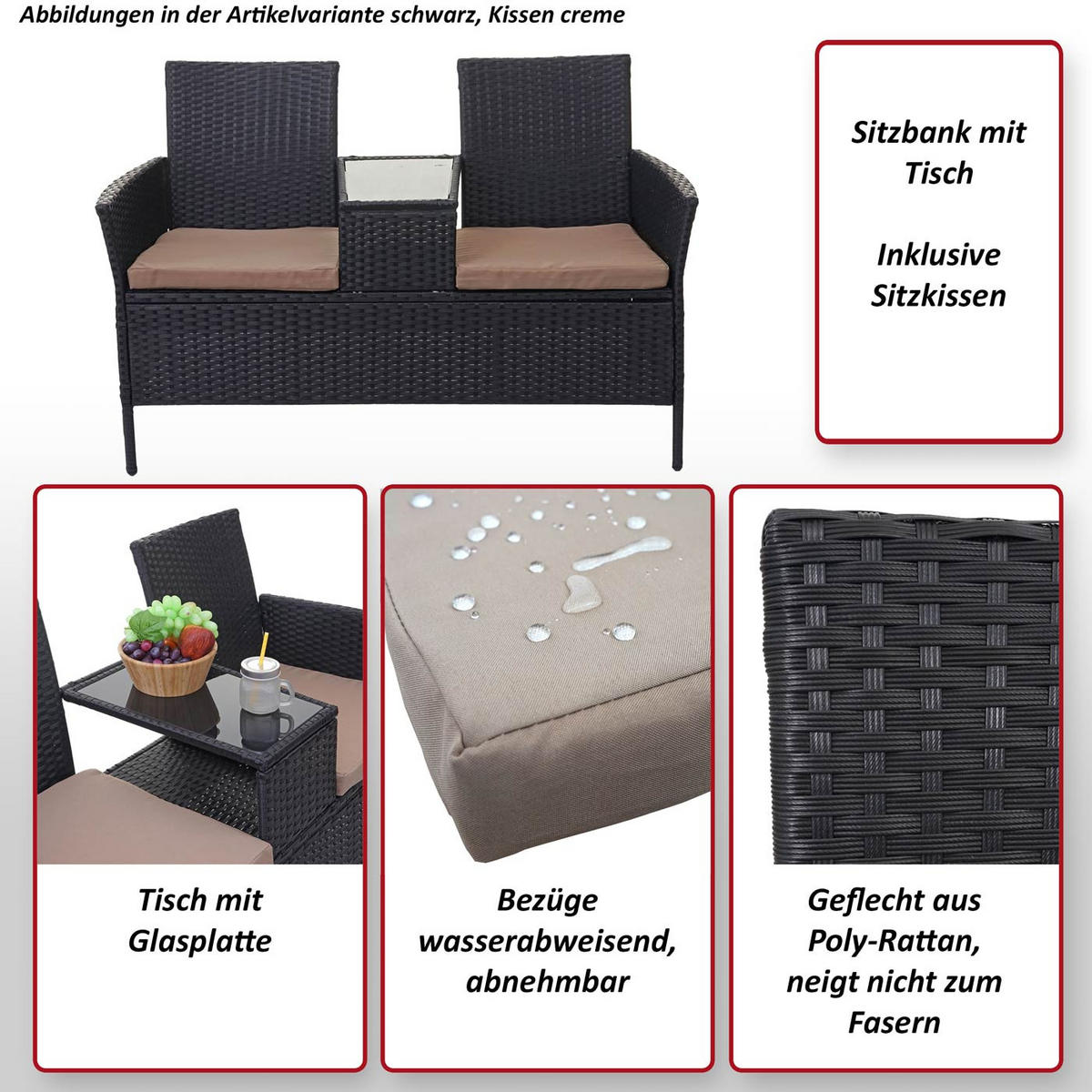 POLY-RATTAN SITZBANK MIT TISCH Schwarz, Grau - Schwarz/Grau, Kunststoff (132/84/55cm) - MCW