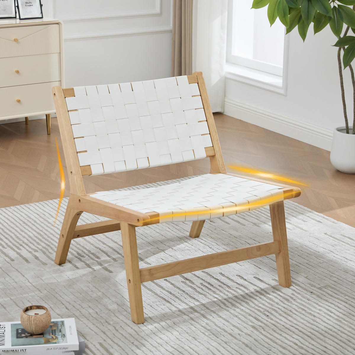 RELAXSESSEL mit Holzgestell, Kunstleder Flechtwerk, Breite Sitzfläche, Weiß - Eichefarben/Weiß, Holz (66/72/71cm) - LVHOM