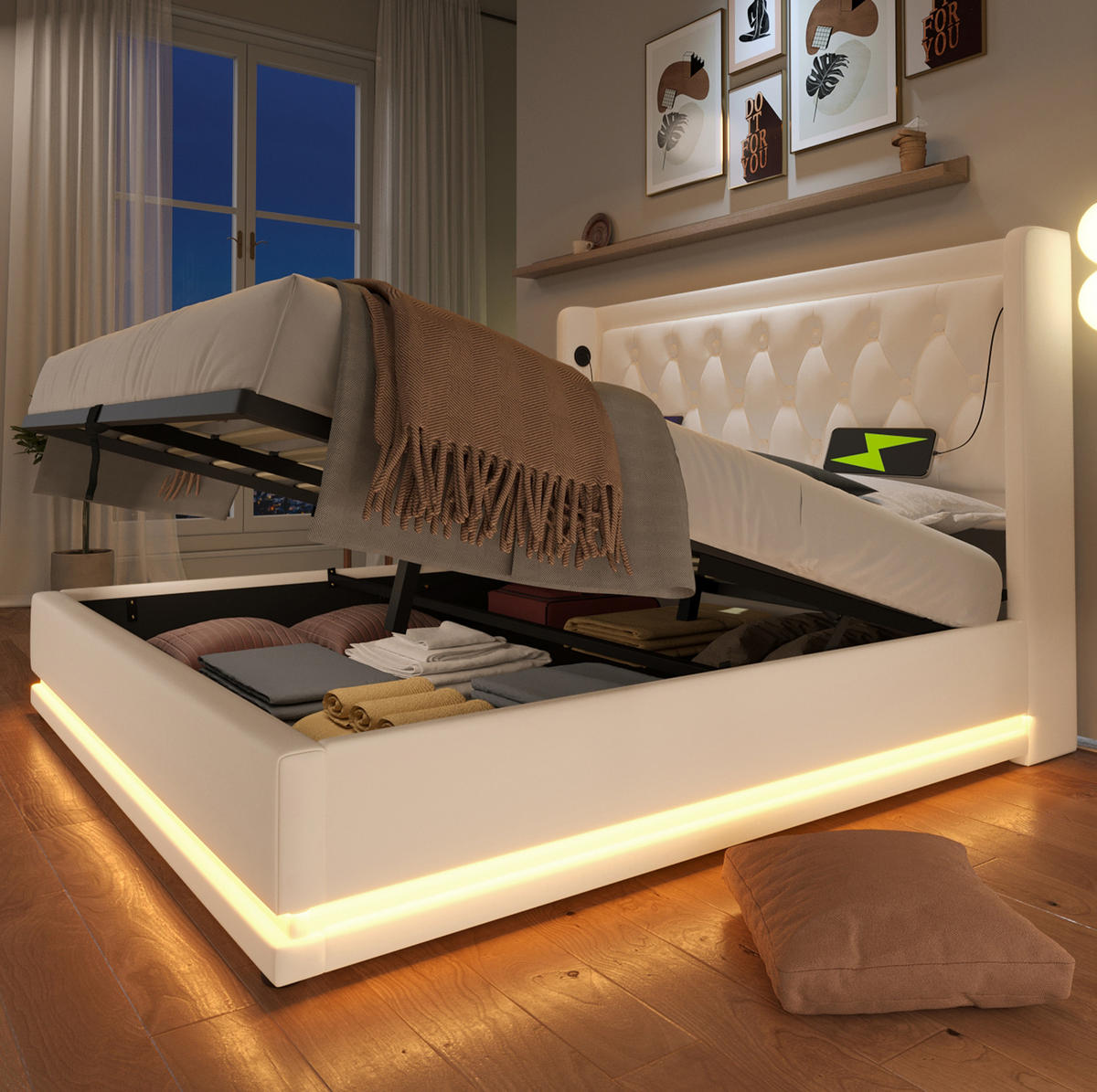 POLSTERBETT mit Stauraum USB-C und LED 140x200 cm Weiß PU inkl. Matratze - Weiß, Metall (140/200cm) - Meubliv