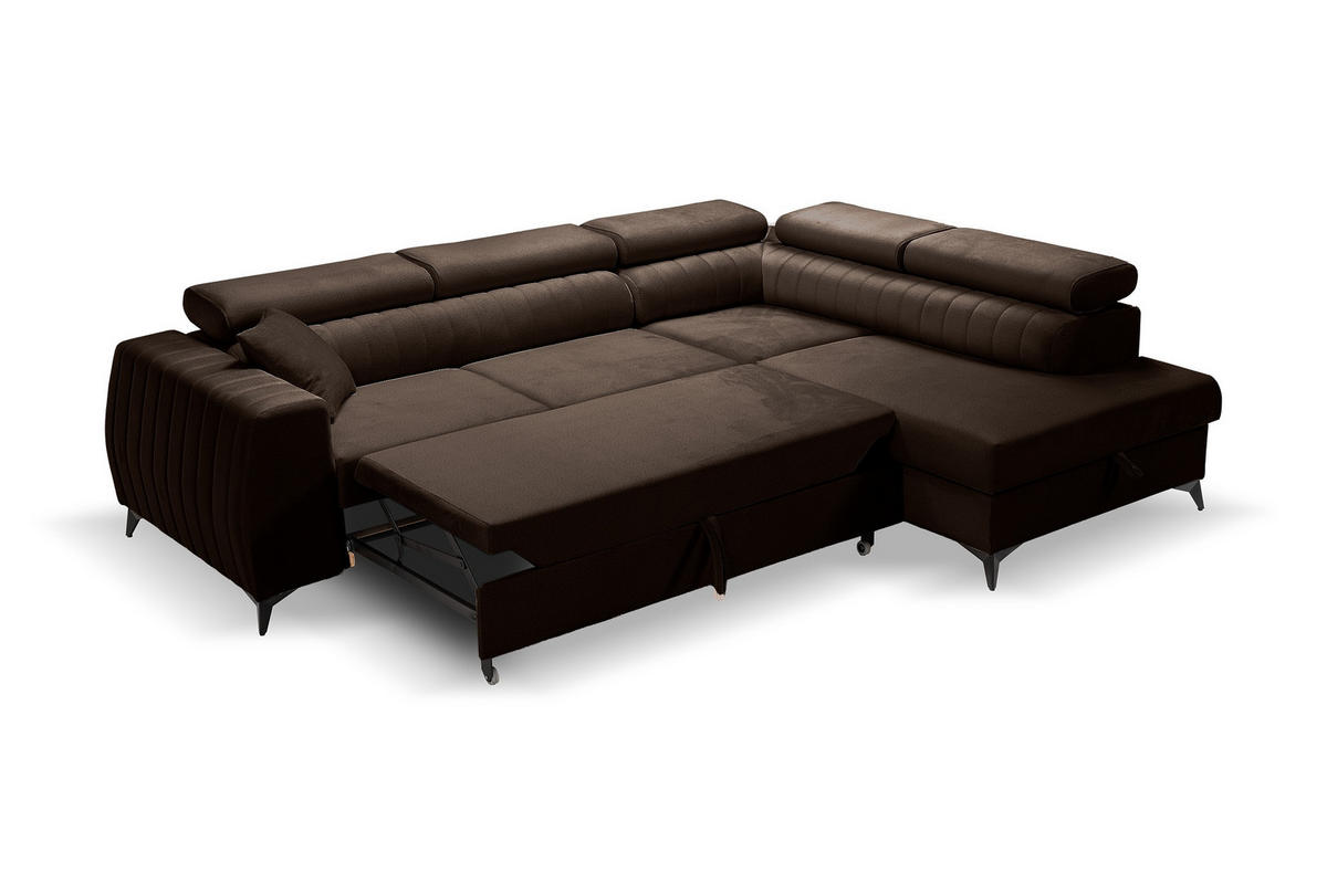 ECKSOFA PIERO L Rechts mit Schlaffunktion 195x125 Velours Braun - Schwarz/Braun, Holz/Textil (203/268cm) - Muffo
