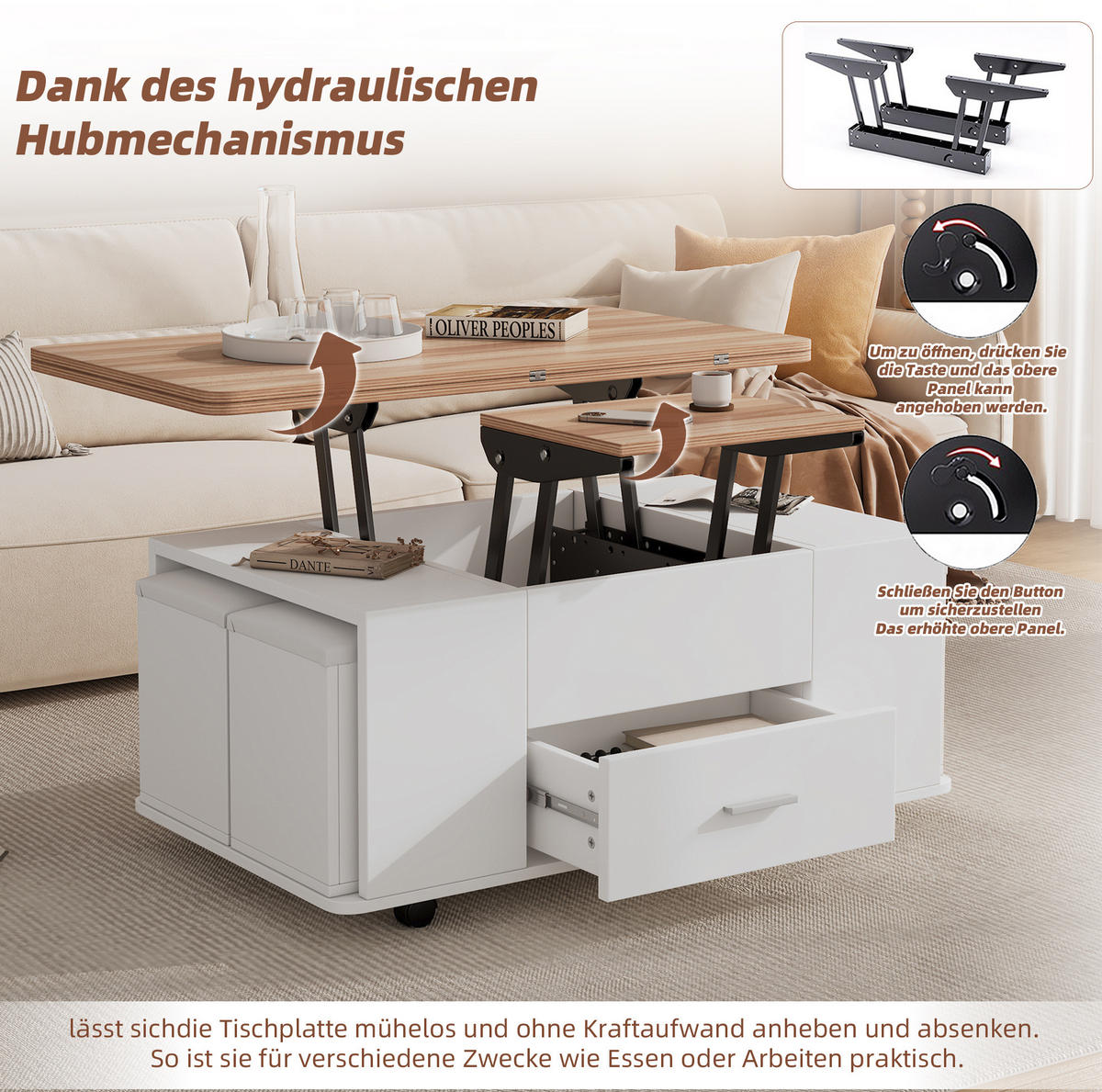 KLUB stolić 100/50/45 cm bijeli od iverice s podizanjem i 4 taburea - bijela, drvni materijal (100/50/45cm) - OKWISH