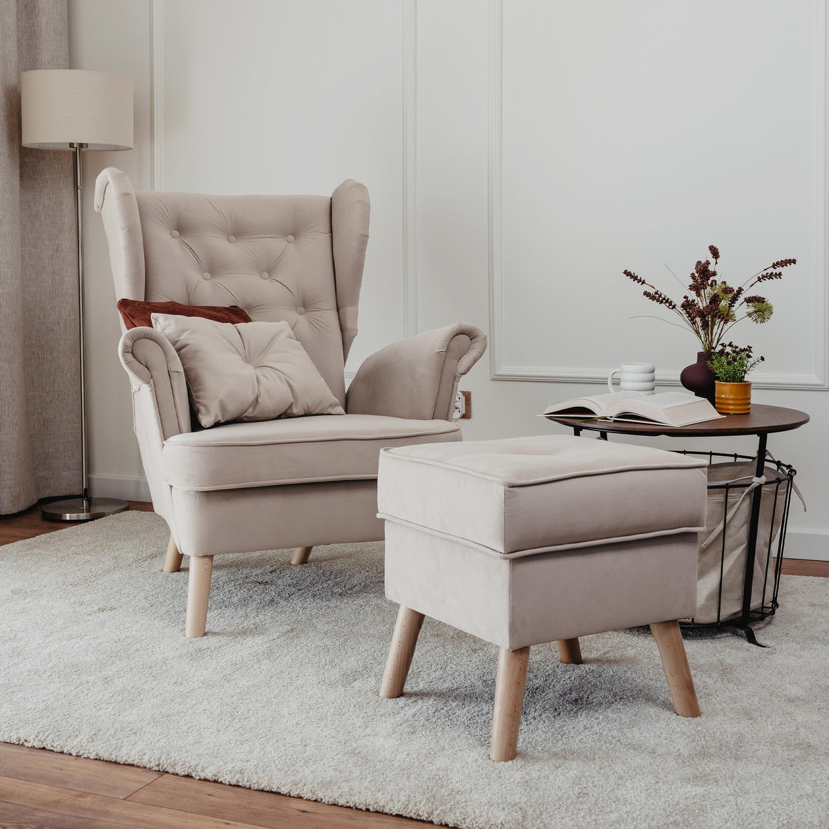 SESSEL mit Fußhocker Classic - Beige, Holz (92/107/80cm) - Idohome