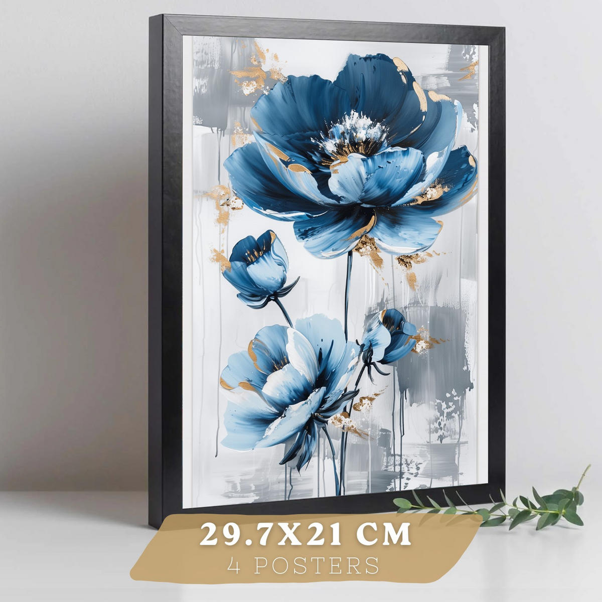 PLAKAT Sada 4 Modré jaro A3 Černý rám - černá, papír (29.7/1/42cm) - Nacnic