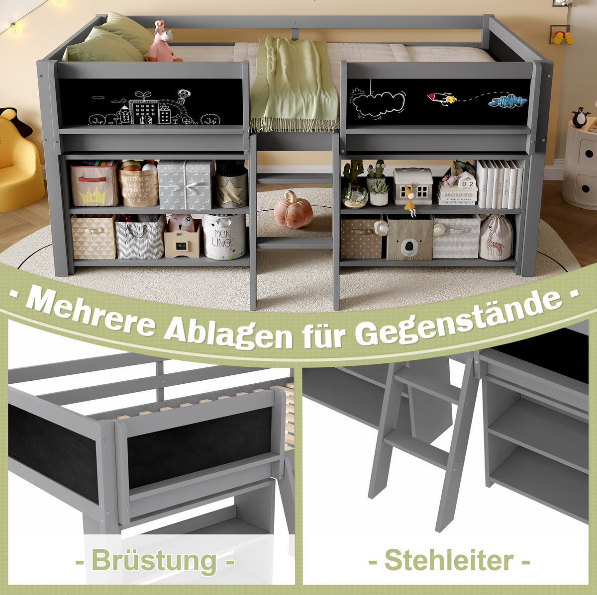 HALBHOHES BETT 90/200 cm, Grau mit Stauraum und Zeichentafel - Grau, Holz (90/200cm) - MIVRAY