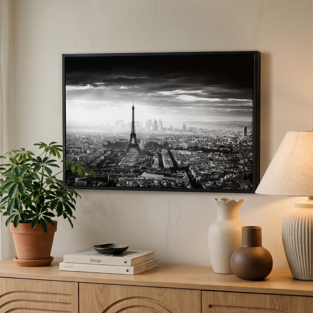LEINWAND Bilder mit Rahmen - Paris - Skyline - Eiffelturm - Stadt - Wolken - 60x40 - Dunkelgrau, Textil (60/40cm) - MuchoWow
