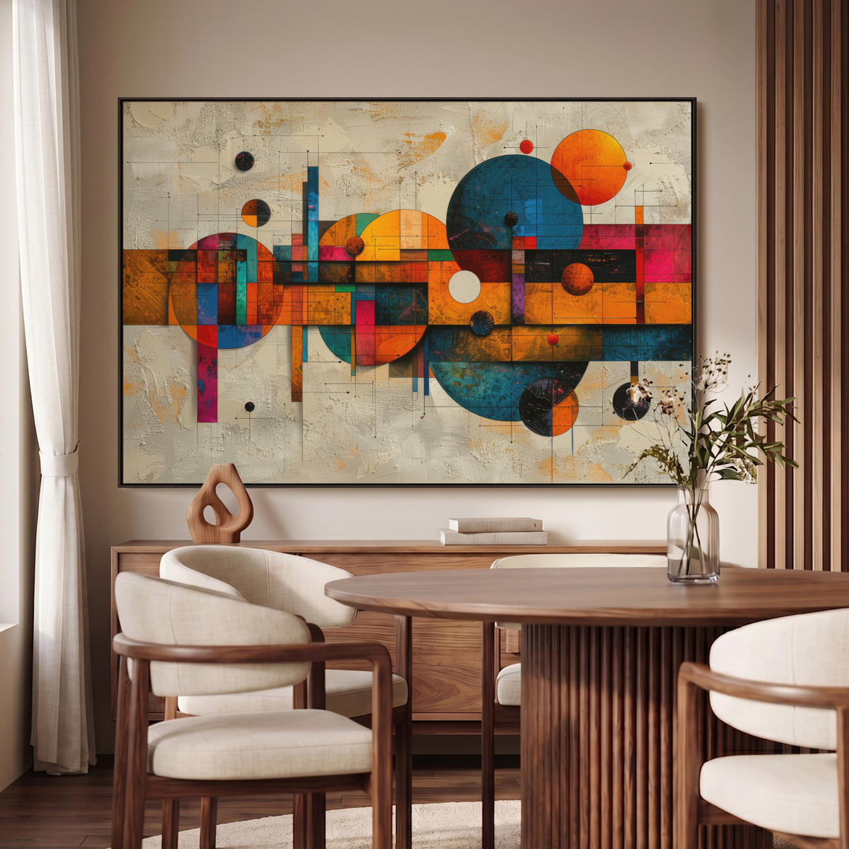 LEINWAND Bilder mit Rahmen - Vintage - Moderne Kunst - Orange - Geometrische Formen - 140x90 - Multicolor, Textil (140/90cm) - MuchoWow
