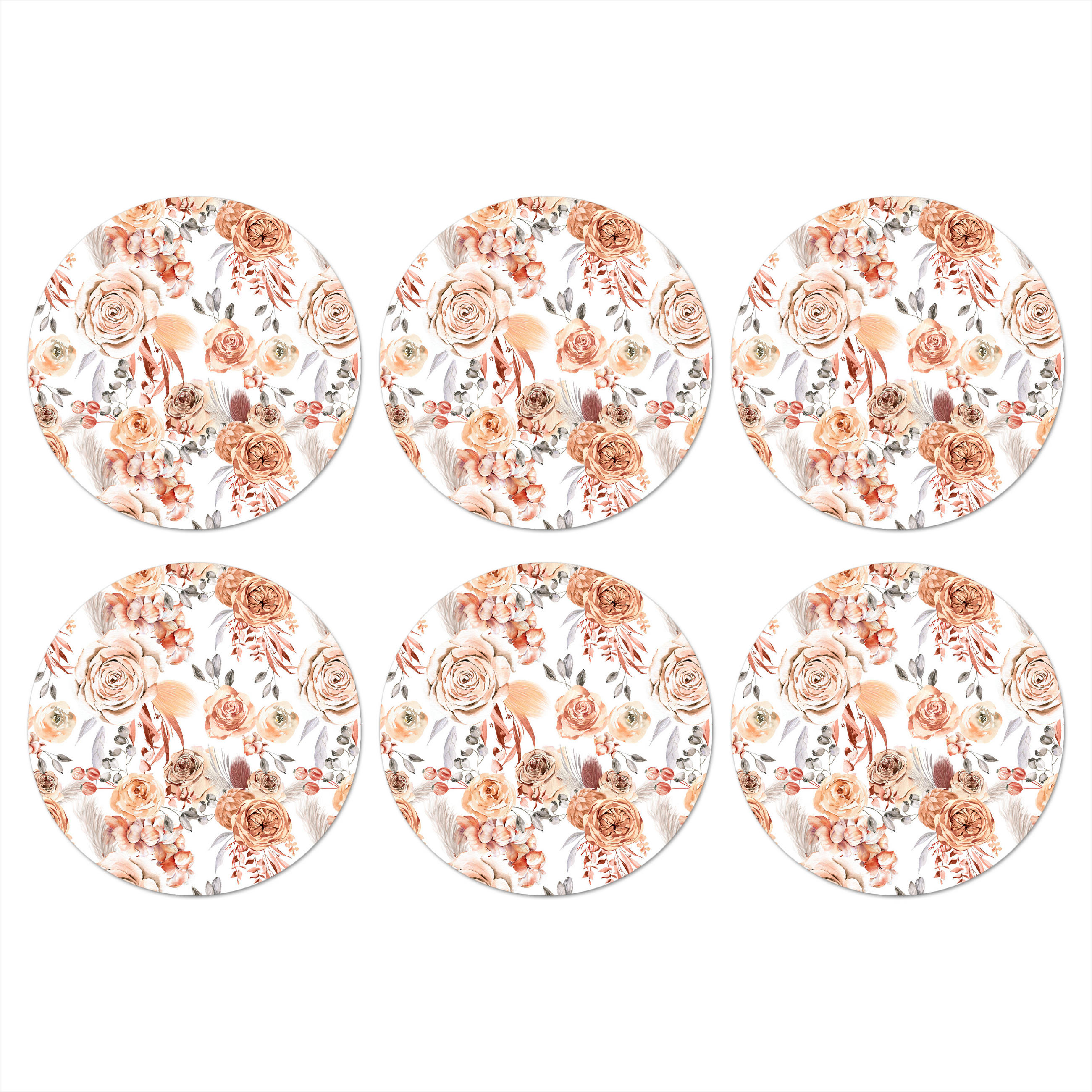 GLASUNTERSETZER 6er-Set Rund Blumen - Bohème - Muster 10x10 cm - Altrosa, Naturmaterialien (10/0.2cm) - MuchoWow