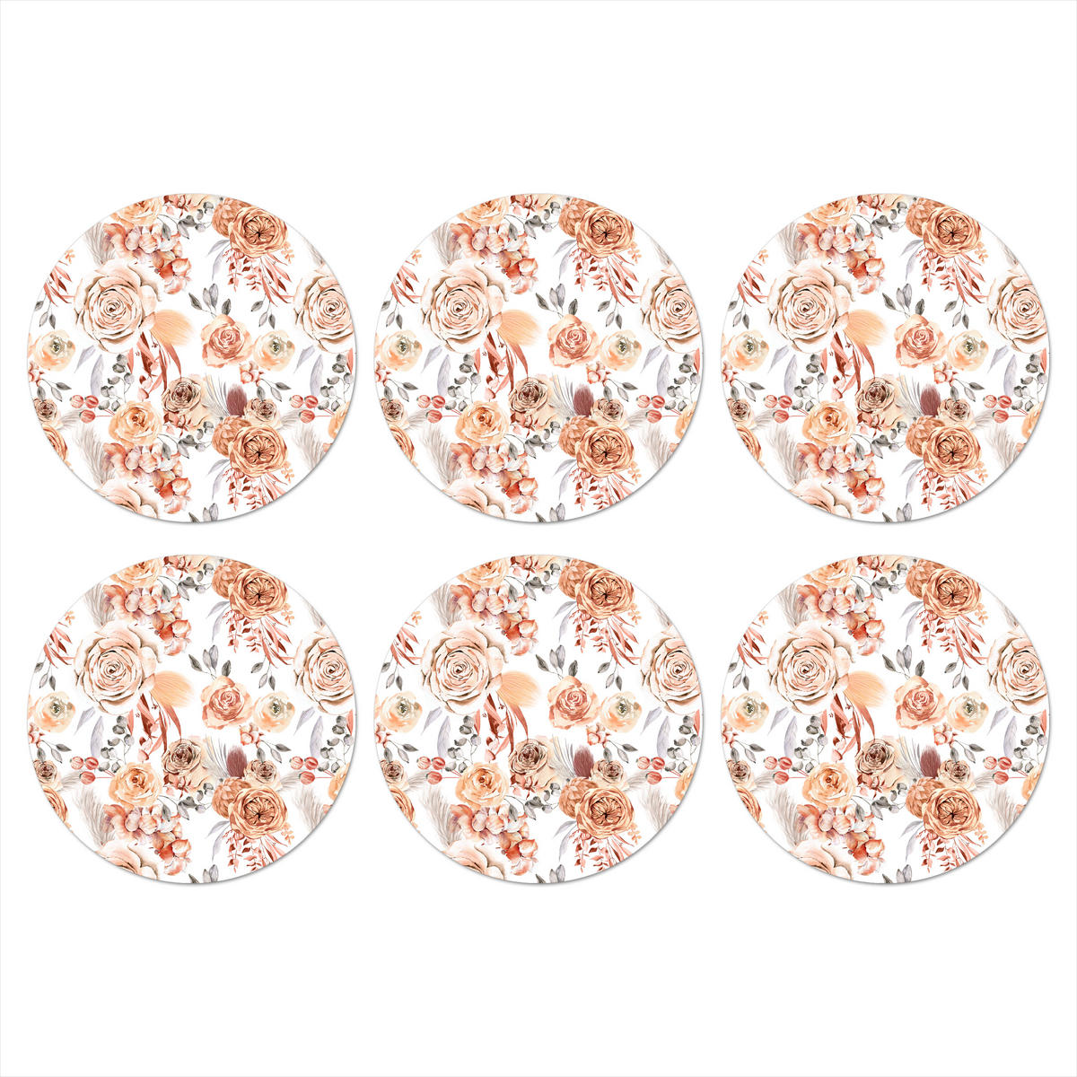 GLASUNTERSETZER 6er-Set Rund Blumen - Bohème - Muster 10x10 cm - Altrosa, Naturmaterialien (10/0.2cm) - MuchoWow