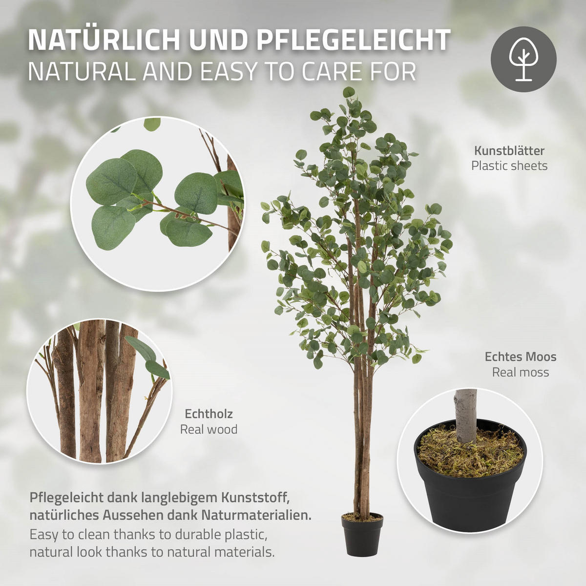 KUNSTPFLANZE Eukalyptus - Anthrazit/Grün, Holz/Kunststoff (210cm) - ML-DESIGN