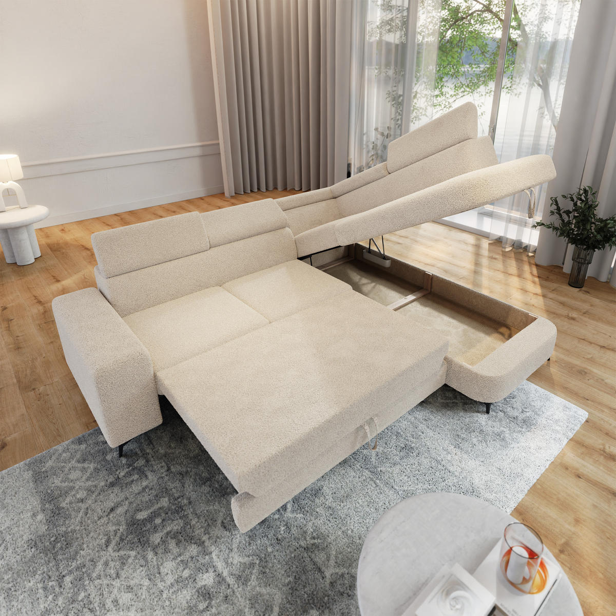 ECKSOFA ALVORO R-S Creme Boucle-Stoff mit Schlaffunktion - Creme, Holz (253/190cm) - MASSENO