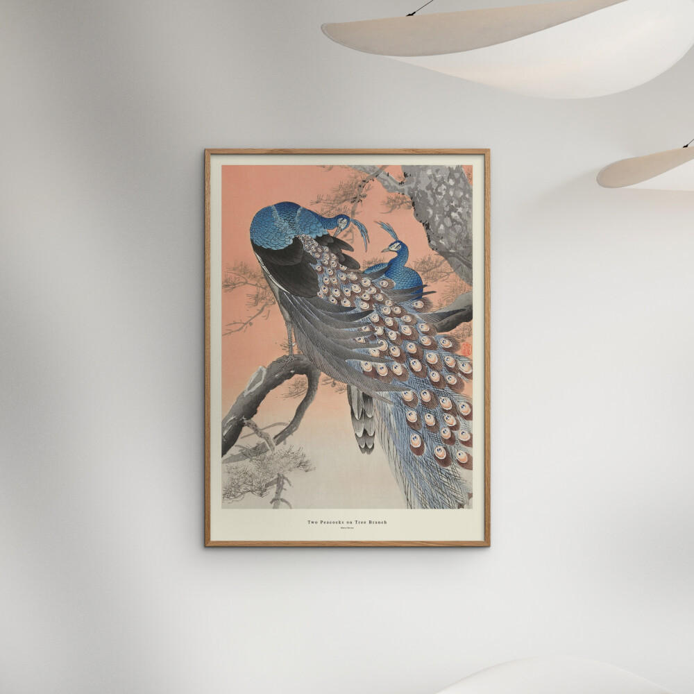 POSTER mit Rahmen A.P. Atelier - Two Peacocks on Tree Branch - Eichefarben/Multicolor, Holz/Papier (50/70cm) - Poster&Frame