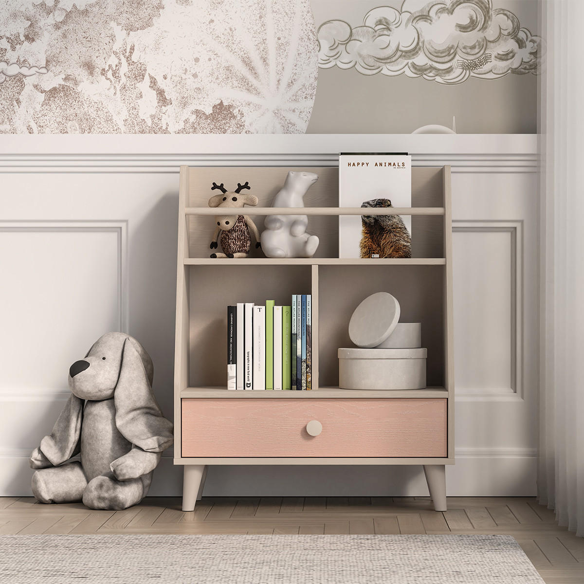 KNIHOVNA Alycia Béžová - Korálově růžová - Efekt dřeva - růžová, dřevo (72/90/36cm) - Petits-meubles