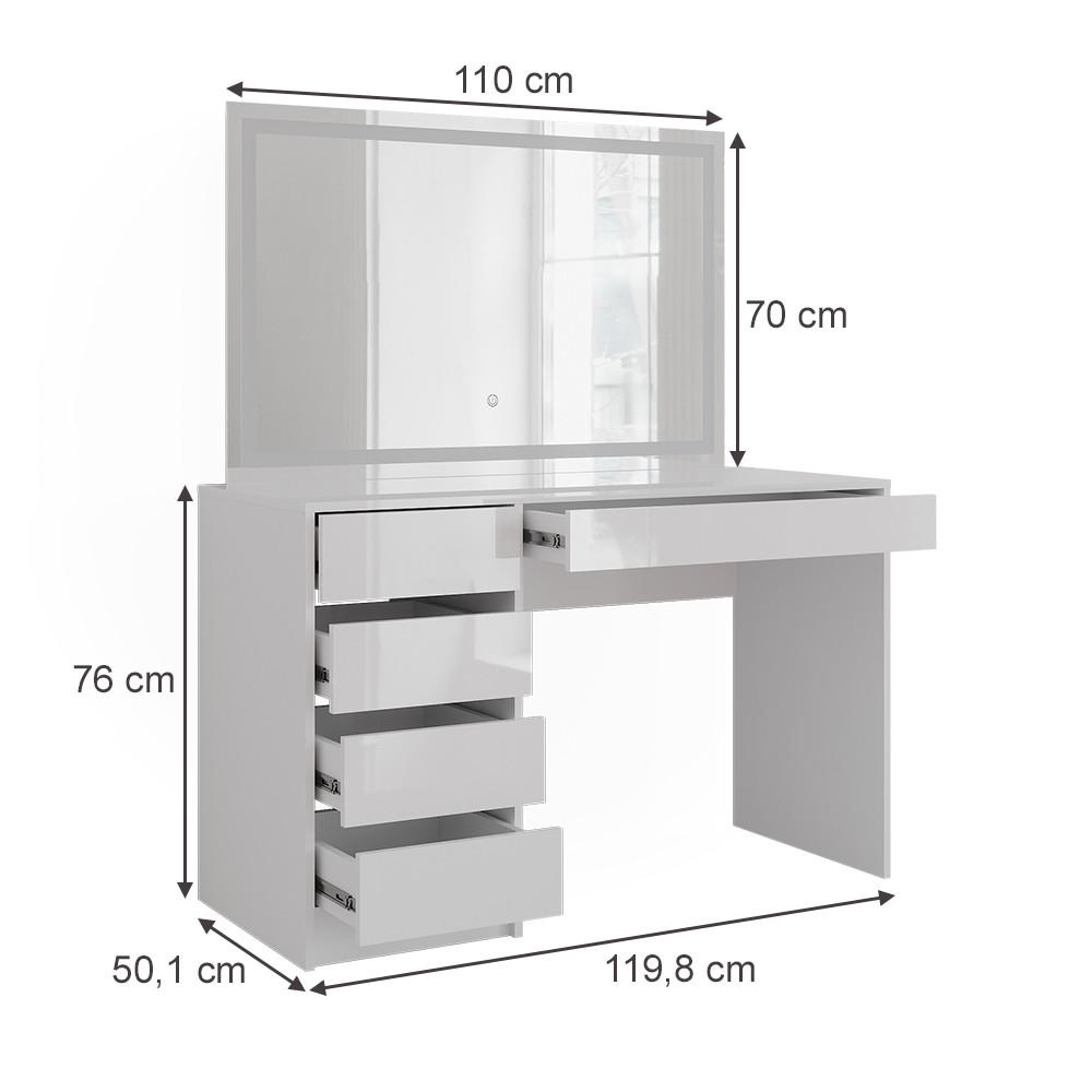 SCHMINKTISCH Sherry Weiß/Weiß Hochglanz 119.8 cm mit LED-Spiegel - Weiß Hochglanz, Holzwerkstoff (119.8/76/50.1cm) - Vicco