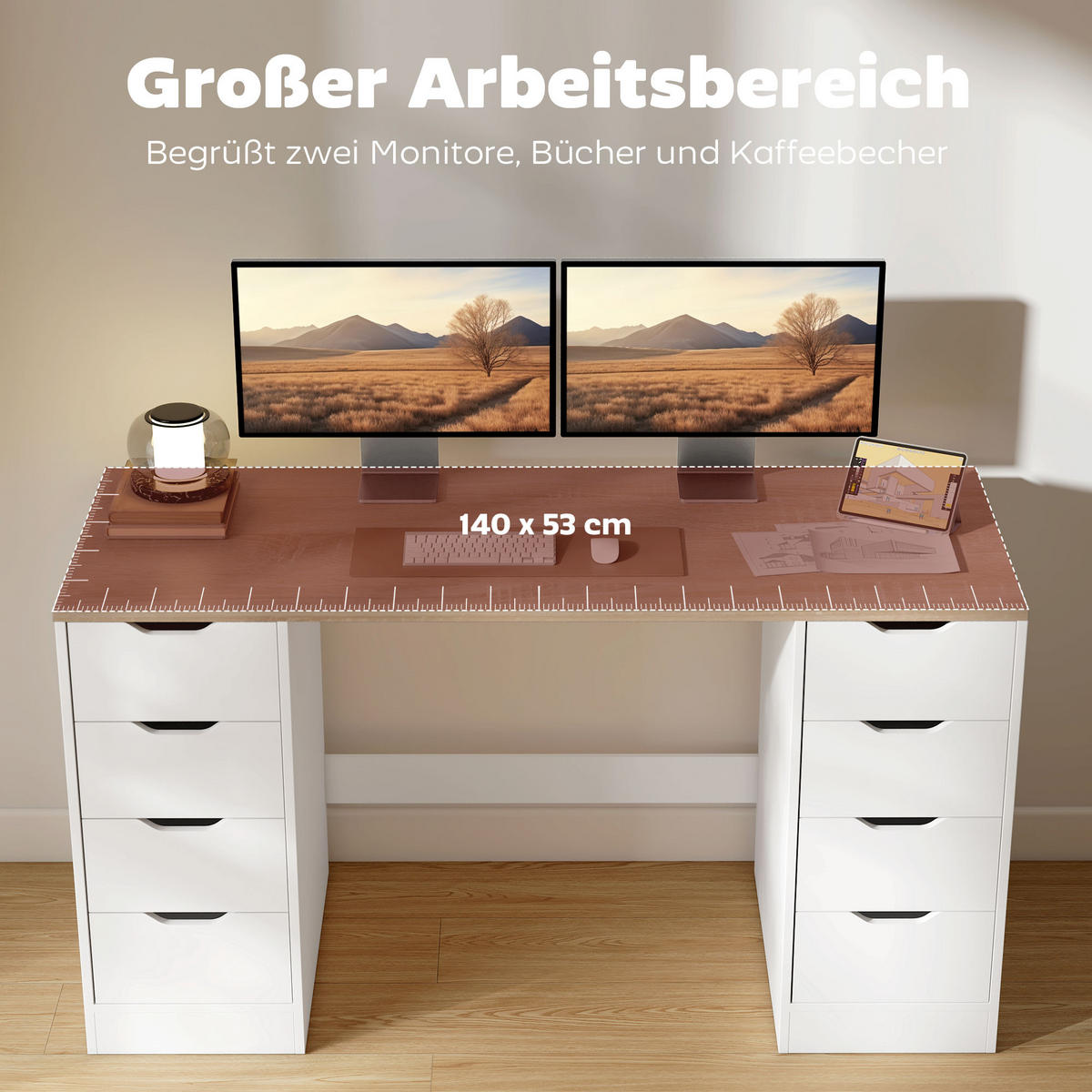 SCHREIBTISCH mit 8 Schubladen Moderner Bürotisch 140 x 53 x 75 cm Weiß - Weiß, Holzwerkstoff (140/53/75cm) - HOMCOM