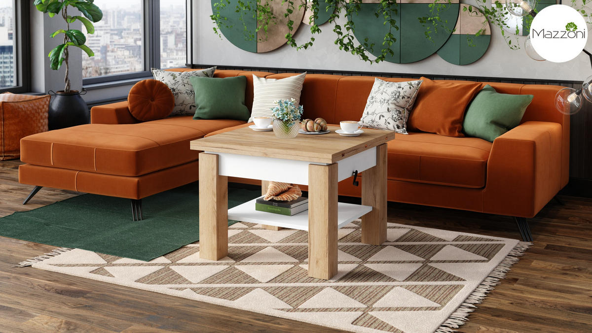 COUCHTISCH quadratisch aufklappbar höhenverstellbar 70/75/69 cm - Eichefarben/Weiß, Holzwerkstoff (75/70/57cm) - designimpex