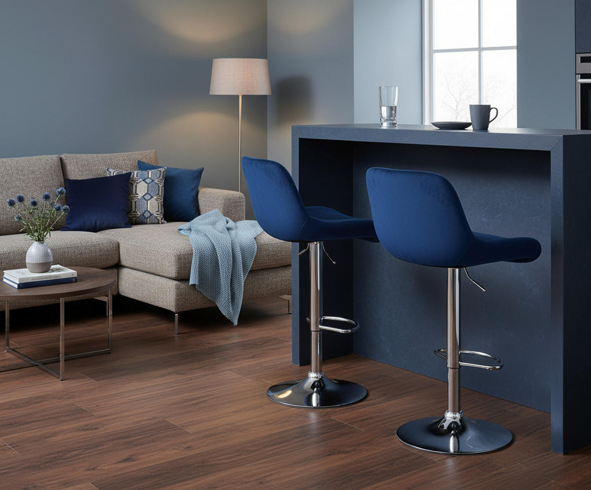 BARHOCKER 2er Set Salomon Chrom Samt blau - Blau/Chromfarben, Textil/Metall (50/106/52cm) - TPFLiving