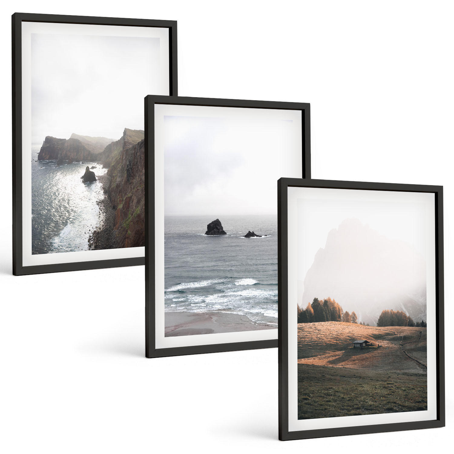 BILDER SET 3er Set - 40x60 cm Schwarzer Rahmen - Landschaften aus Bergen und Meer - Schwarz, Kunststoff (40/60cm) - TULUP