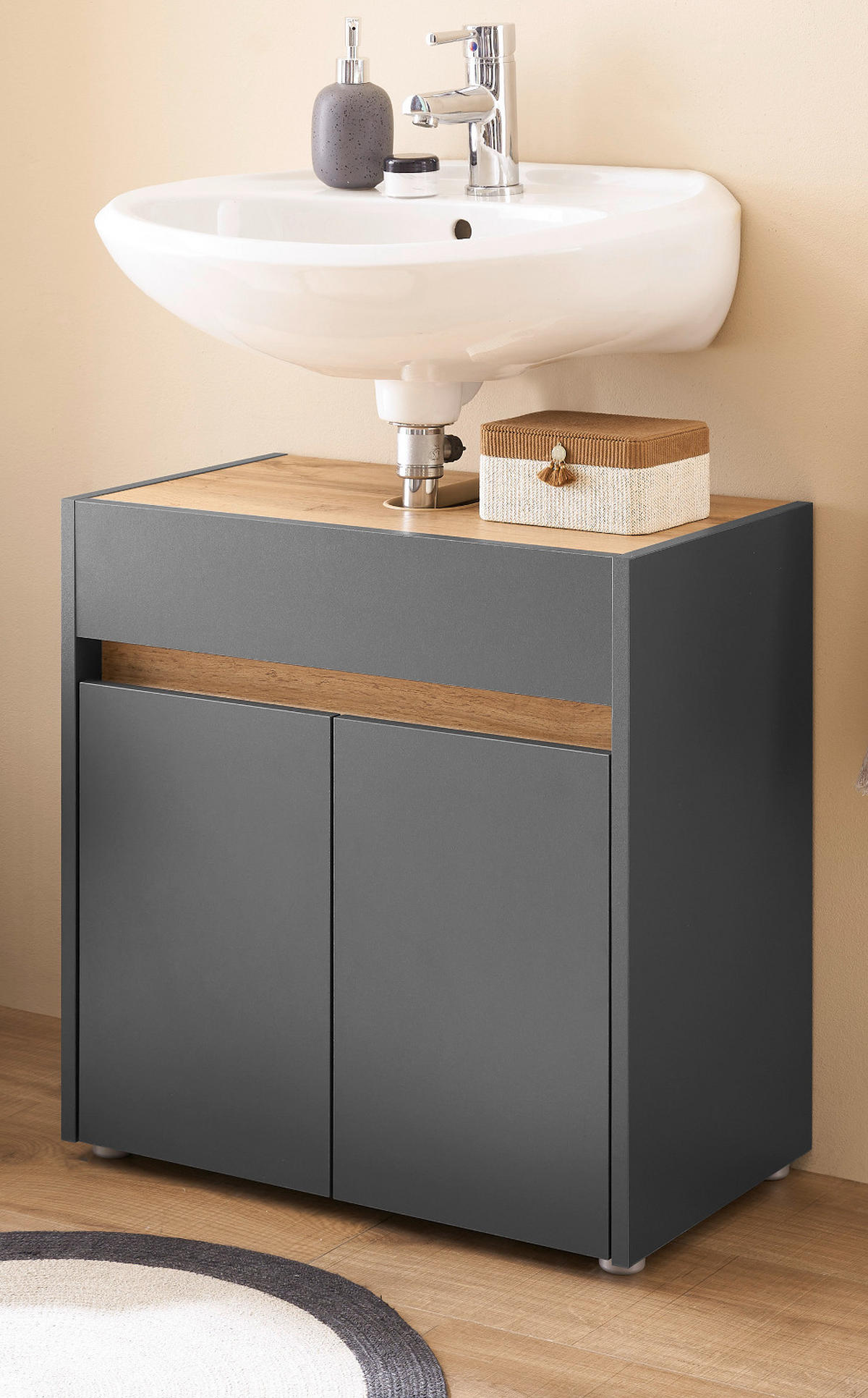 WASCHBECKENUNTERSCHRANK grau matt, Wotan Eiche, Badezimmer Unterschrank 60 cm - Eiche Wotan/Schwarz, Holzwerkstoff/Kunststoff (60/62/34cm) - Furn.Design