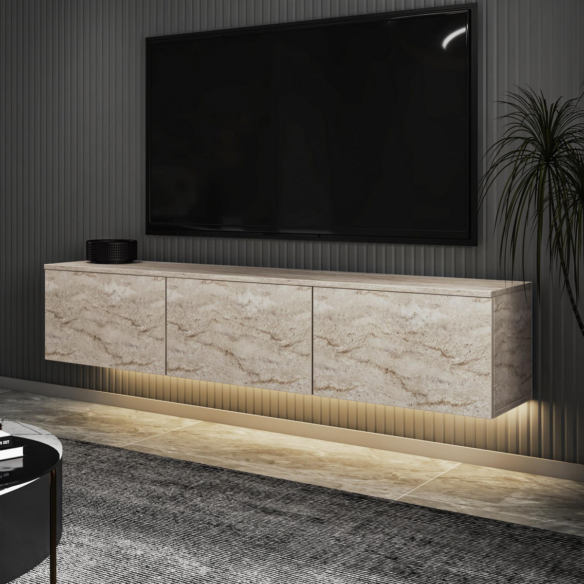 TV-MÖBEL Neon Illuminated Hängend Travertin - Beige, Holz (160/35/32cm) - Habitat Garten