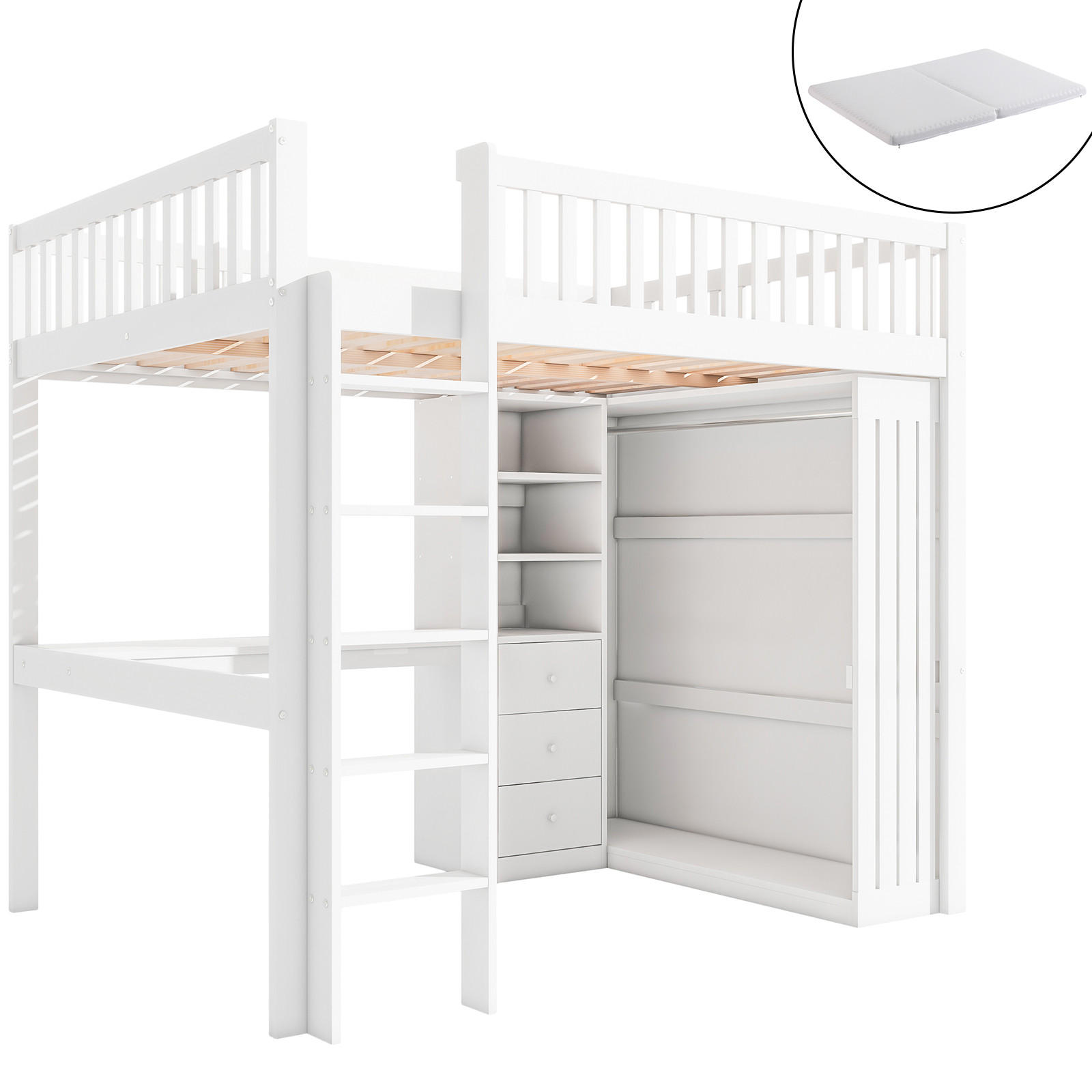 HOCHBETT 140/200 cm mit Schreibtisch und Kleiderschrank in Weiß mit Matratze - Weiß, Holzwerkstoff (140/200cm) - OKWISH