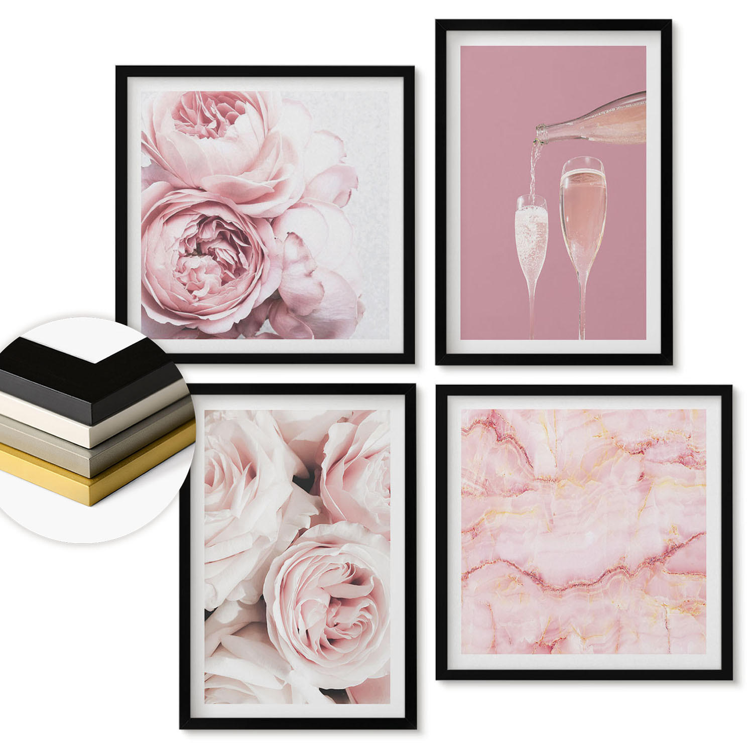 WANDBILDER 4er-Set - 50x50 cm & 40x60 cm Schwarzer Rahmen - Rosen, Champagner, Marmor, Pastell - Schwarz, Kunststoff (50/50cm) - ArtPrintCave