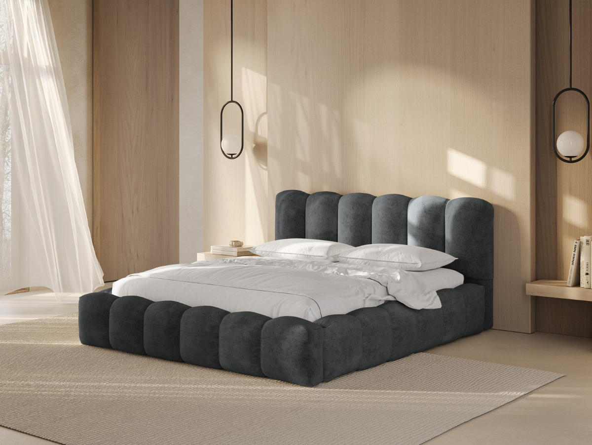 BETT mit Bettkasten und Kopfteil Lupine aus Chenille-Stoff Platin 180x200cm - Platinfarben, Textil (180/200cm) - Micadoni