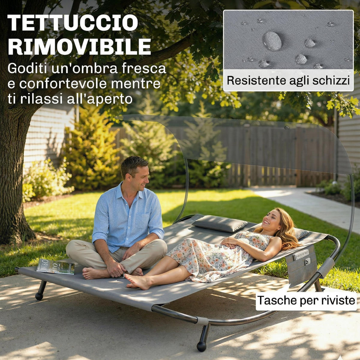 SONNENLIEGE Doppelbett mit abnehmbarem Verdeck Rollen Kissen und Aufbewahrungstaschen,200*180*170cm,Grau - Grau, Metall (180/170/200cm) - Vallsero