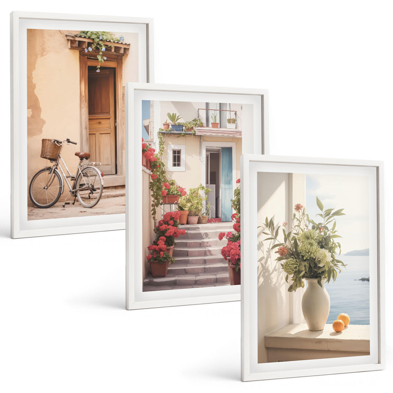 BILDER SET 3er Set - 40x60 cm Weißer Rahmen - Charmante Küstenstraßen - Weiß, Kunststoff (40/60cm) - TULUP