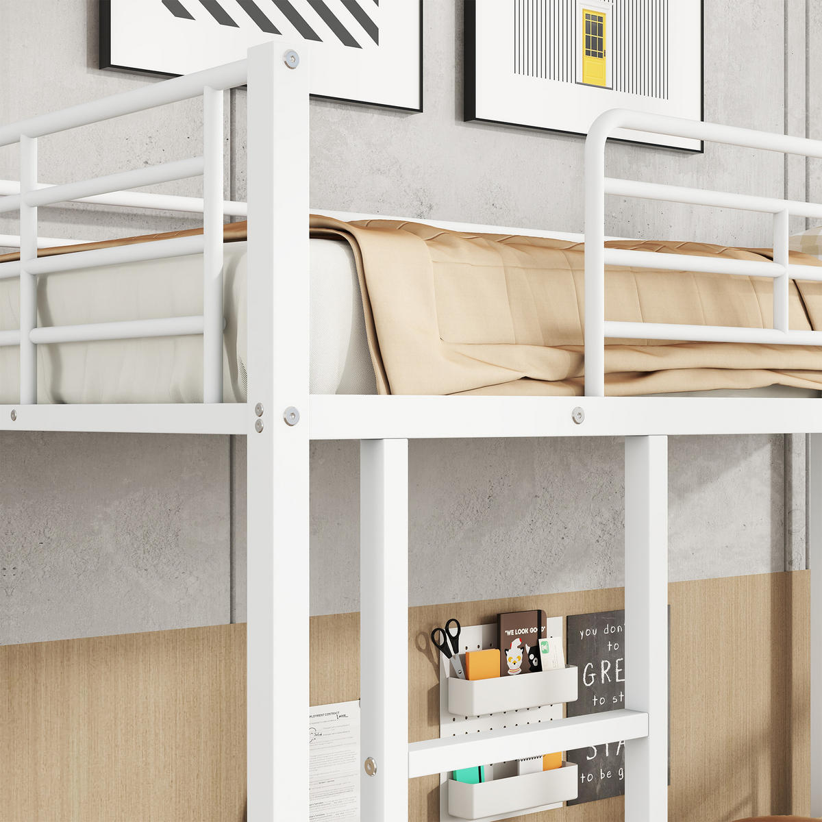 ETAGENBETT 90/200 cm Weiß Metall mit Schuhschrank und seitlicher Leiter - Weiß, Metall (90/200cm) - OKWISH