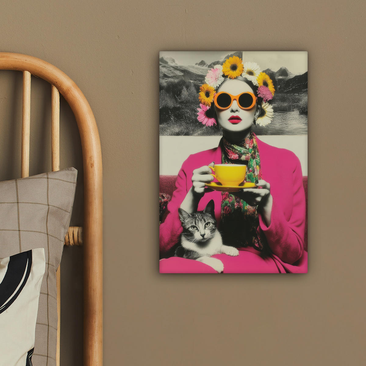 LEINWANDBILD Frau - Katze - Blumen - Tasse - Retro Deko Wohnzimmer 20x30 cm - Magenta, Textil (20/30cm) - MuchoWow