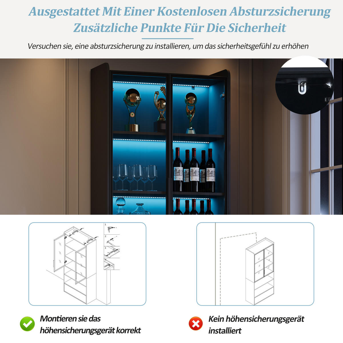 VITRINE schwarz mit Glastüren, einer Schublade und App-gesteuerter LED-Beleuchtung 80 × 34 × 180 cm aus MDF und Glas - Schwarz, Holzwerkstoff (80/180/34cm) - Luhomfu