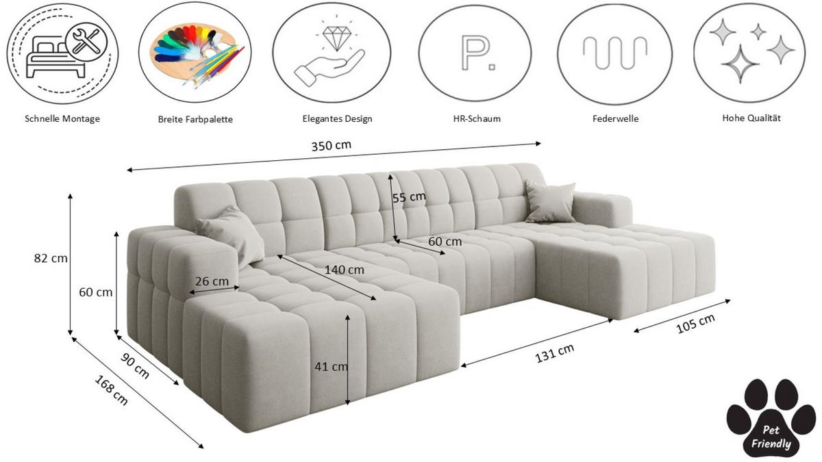 ECKSOFA U-Form Nimes Stoff Portland Weiß - Weiß, Holz/Textil (168/350cm) - Kaiser Möbel