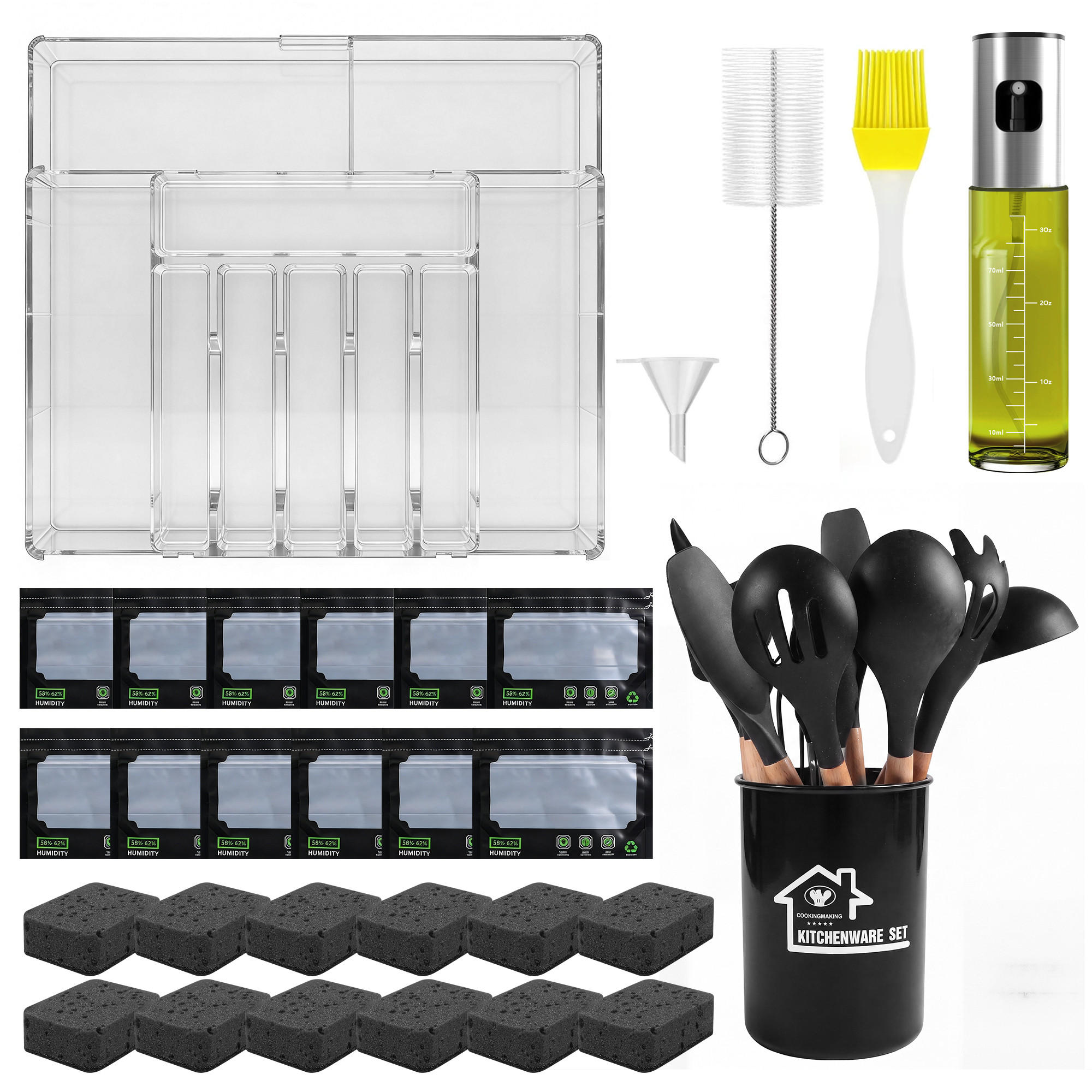 KÜCHENHELFER-SET, praktisches Küchenutensilien‑Set mit Kochbesteck, Reinigungsschwämmen und Aufbewahrungszubehör für den Haushalt - Schwarz, Kunststoff - Joyfair