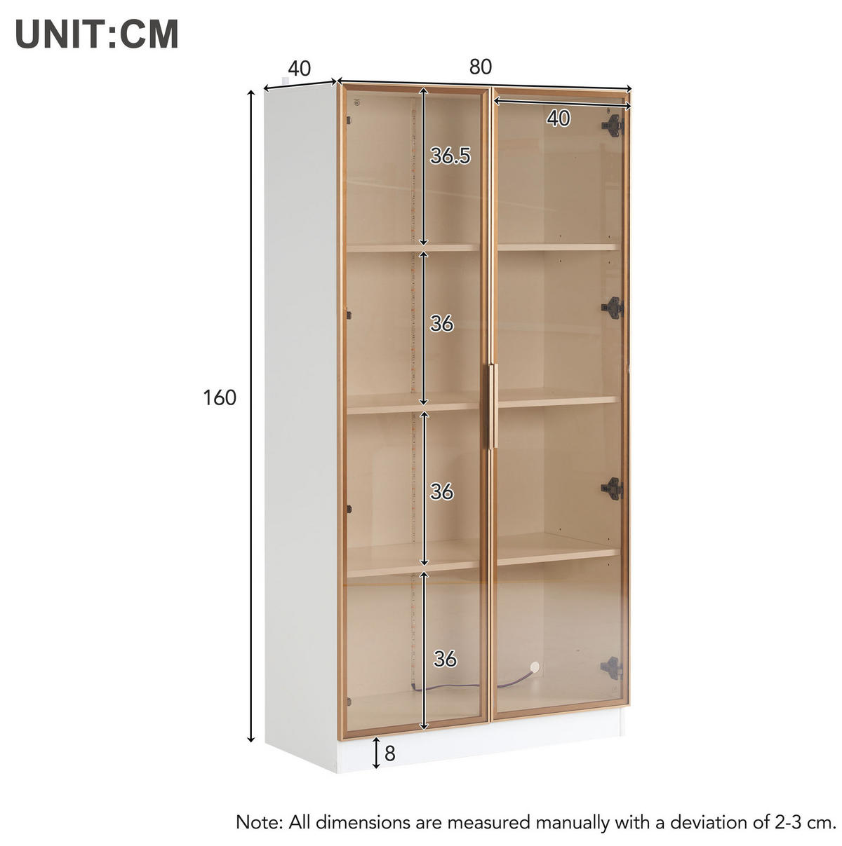 VITRINE 80/40/160 cm in Weiß mit LED-Beleuchtung und verstellbaren Einlegeböden - Weiß, Holzwerkstoff (80/160/40cm) - Flora Grace