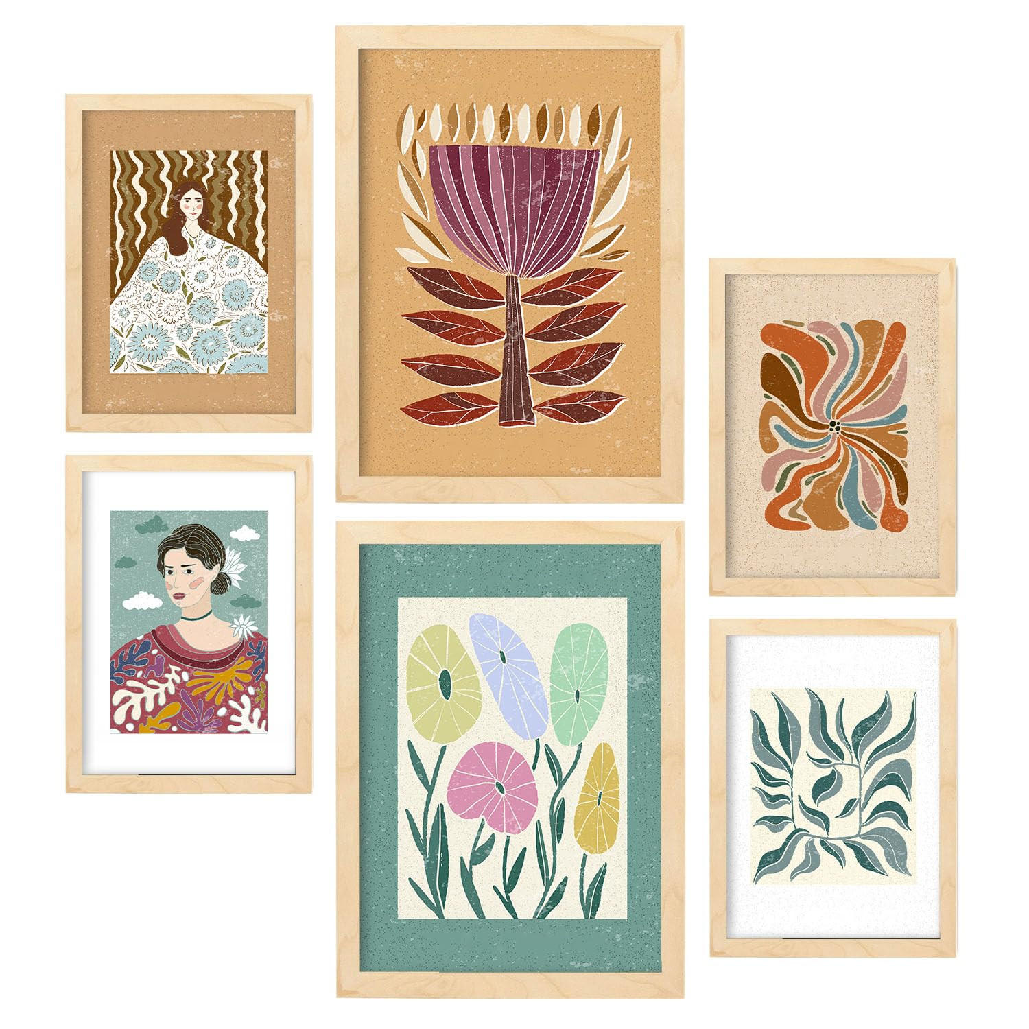 POSTER Set Mit 6 Drucken Von Blumen In Der Sammlung Ethnischere Ästhetische Dekorative Für Zuhause Wandkunstdruck A3 & A4 Rahmen Aus Hellem Holz - Beige, Papier (29/3cm) - Nacnic