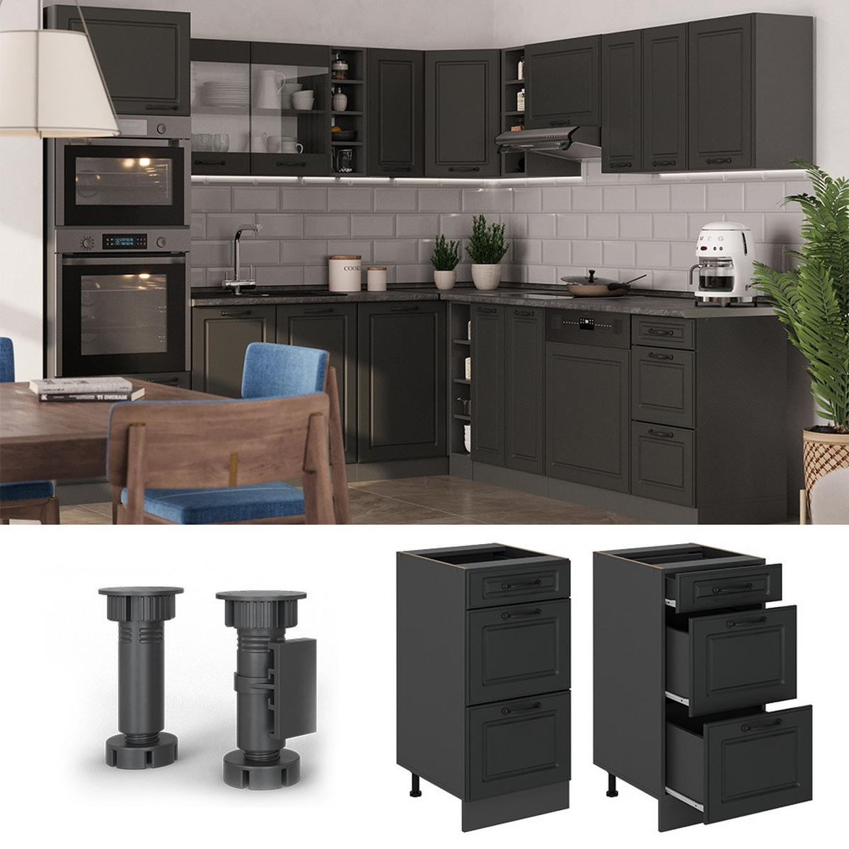 KÜCHENUNTERSCHRANK R-Line Anthrazit Landhaus 40 cm mit Schubladen, AP Eiche - Anthrazit, Holzwerkstoff (40/81.6/60cm) - Vicco