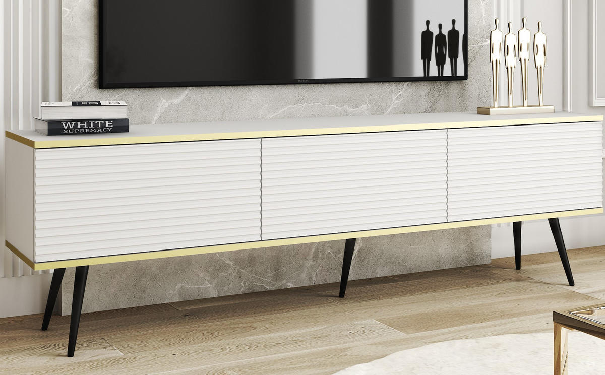 TV-SCHRANK Oris Weiß matt mit schwarzen Beinen Glamour Style 175 cm - Schwarz/Weiß, Holzwerkstoff/Metall (175/53/32cm) - Meble Lindner