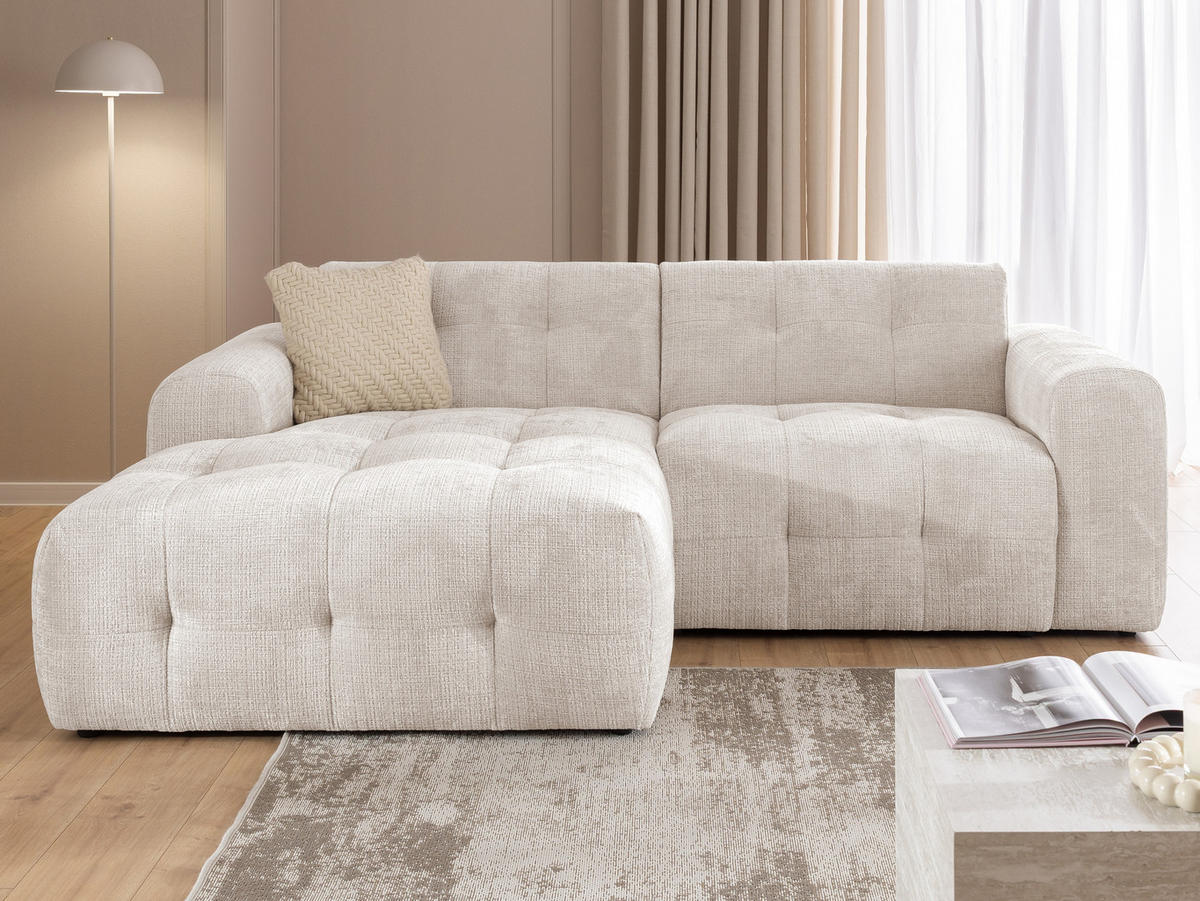 ECKSOFA Kozy im Bumpy-Design mit fester Rückenlehne aus weichem Beige Chenille-Stoff - Ottomane links - Beige/Creme, Holz/Kunststoff (161/234cm) - S-Style Möbel