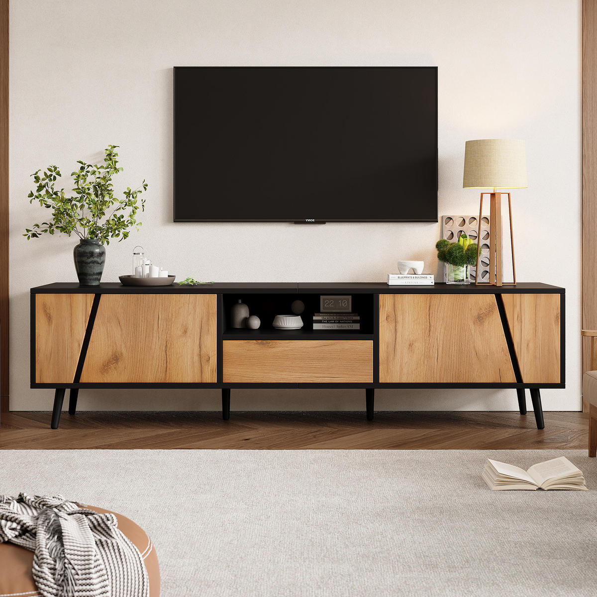 TV-ELEMENT 175/31/43.5 cm Schwarz + Natur mit 1 Schubladen und 2 Schränken - Schwarz, Holz (180/46/40cm) - Oxeza