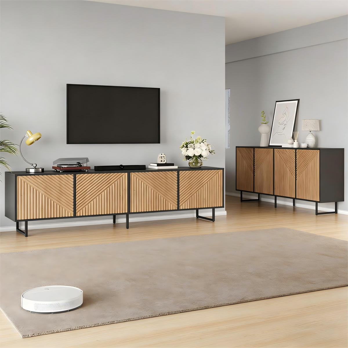OBÝVACÍ STĚNA Dřevo Černá TV Komoda Sideboard 180 cm - přírodní, kompozitní dřevo (180/40/40cm) - FLIEKS