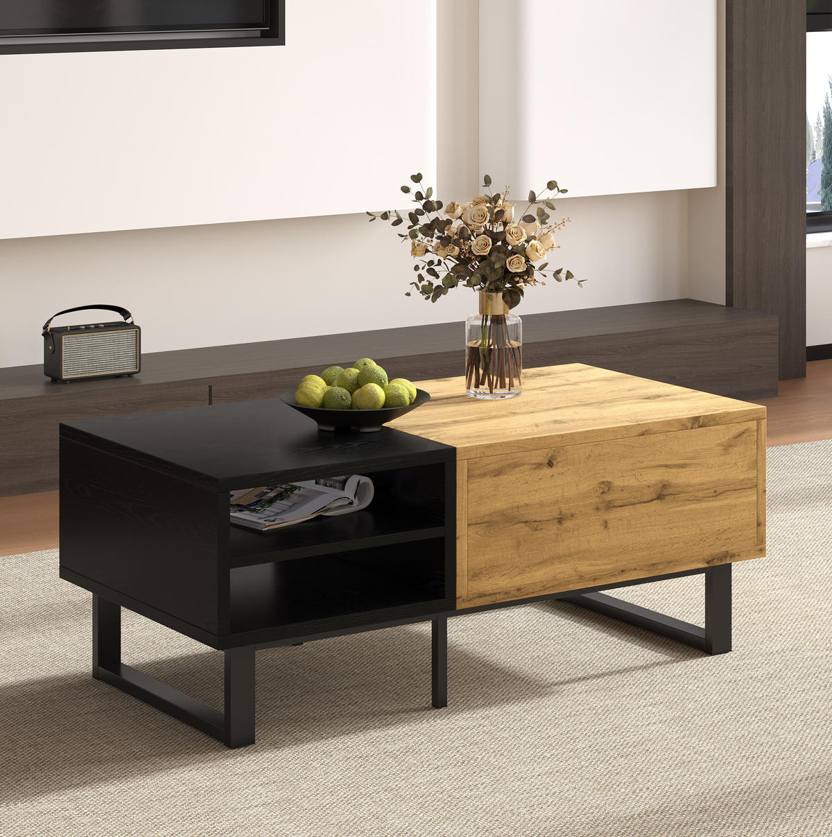 COUCHTISCH aus Spanplatte 100x50x40 cm in Natur mit Schublade & 3 Fächern - Naturfarben, Holzwerkstoff (100/50/40cm) - Modfu