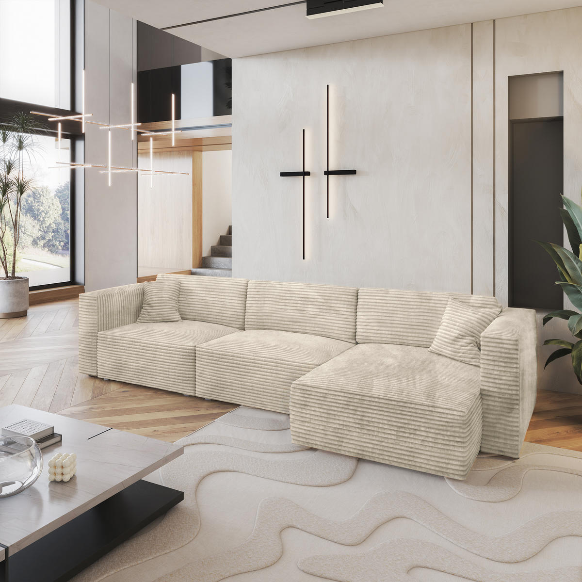 ECKSOFA TOLMO Creme Kordstoff mit Schlaffunktion - Creme, Holz (347/148cm) - MASSENO