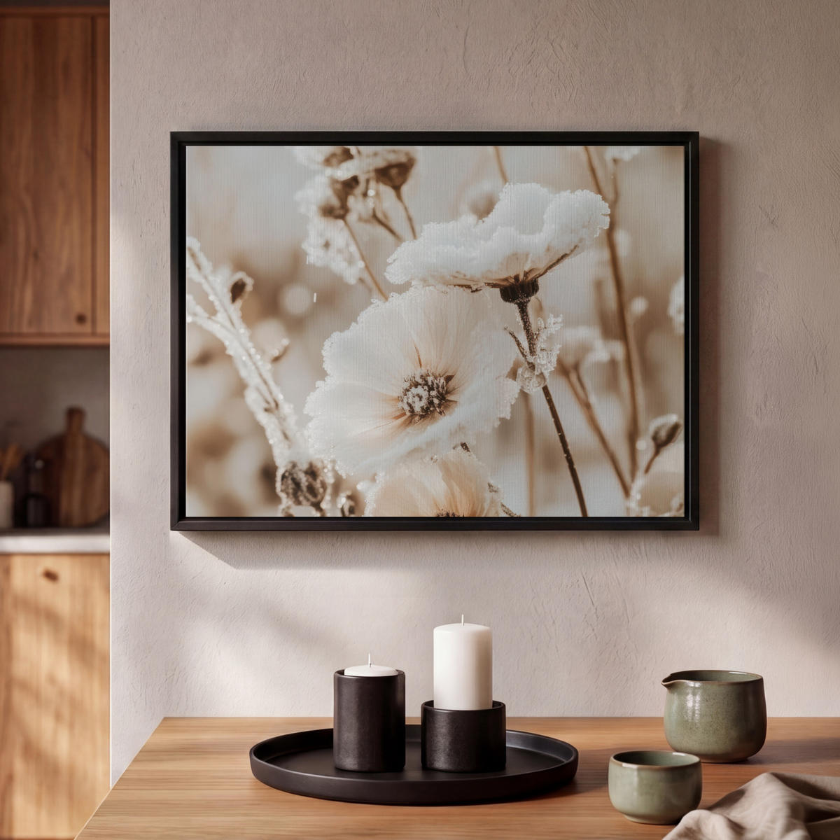 LEINWAND Bilder mit Rahmen - Blumen - Winter - Weiß - Schnee - Beige - 40x30 - Creme, Textil (40/30cm) - MuchoWow