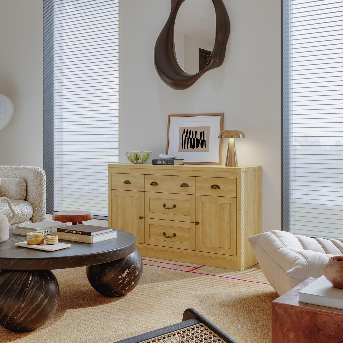 SIDEBOARD 135x40x80 cm 2 Türen 5 Schubladen Holzfarben - Naturfarben, Holz (135/80/39.5cm) - LEBENLANG