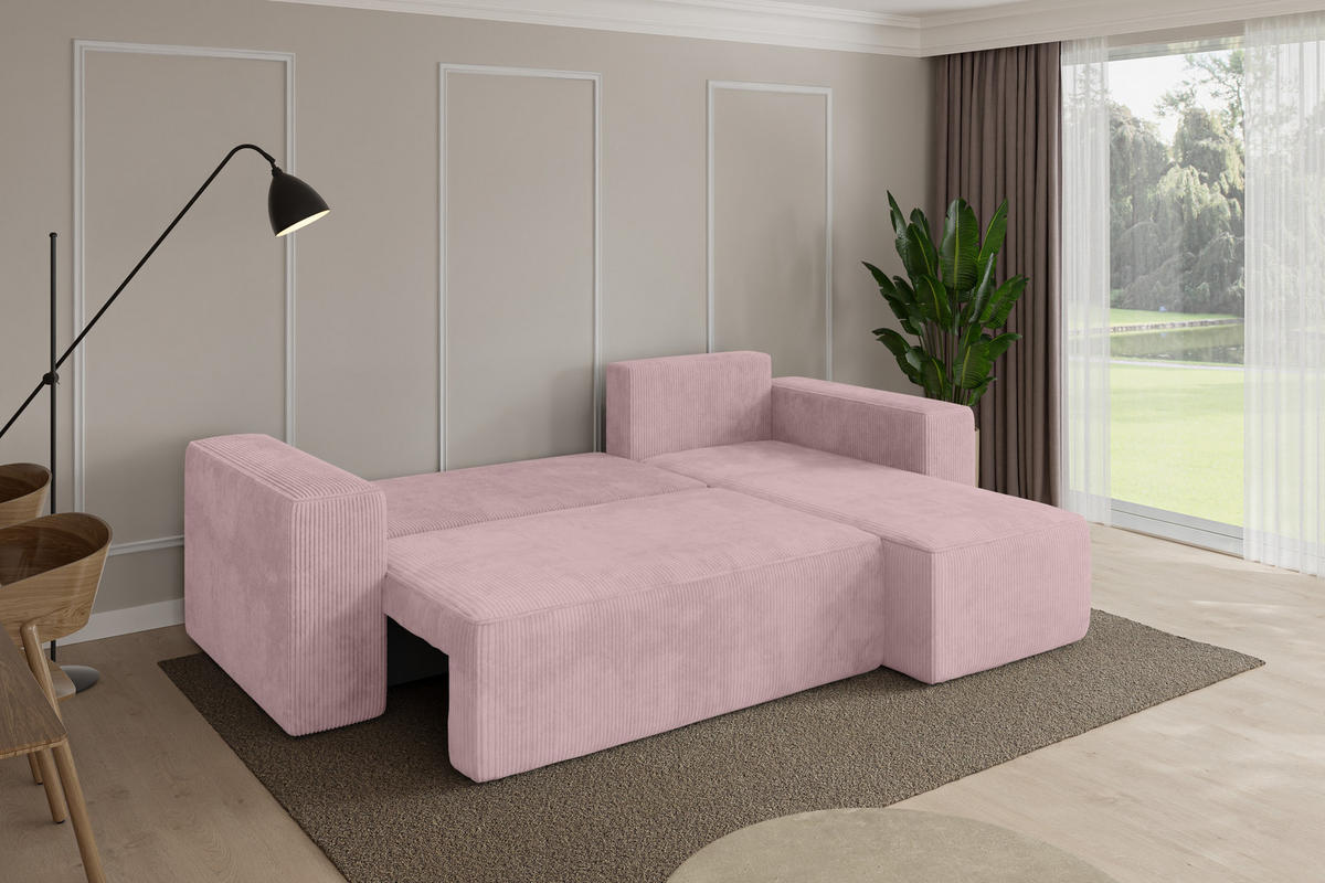 ROHOVÁ SEDAČKA s funkcí spaní, otoman vpravo SENO-L 249x139x85 růžová manšestr - růžová/černá, kompozitní dřevo/textil (249/139cm) - ALTDECOR